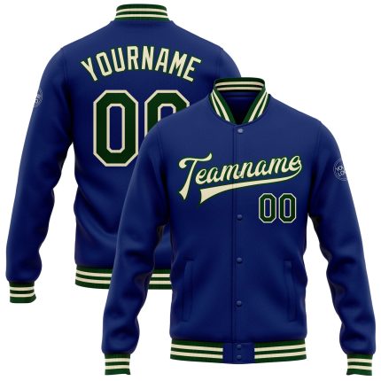 Royal Green Cream Custom Bomber Jacket Mens Full-Snap Varsity Letterman Custom Royal Green-Cream Bomber Full-Snap Varsity