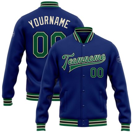 Custom Kelly Green Cream-Black Varsity Letterman Bomber Full-Snap Jacket Custom Royal Kelly Green Cream-Black Bomber Full-Snap