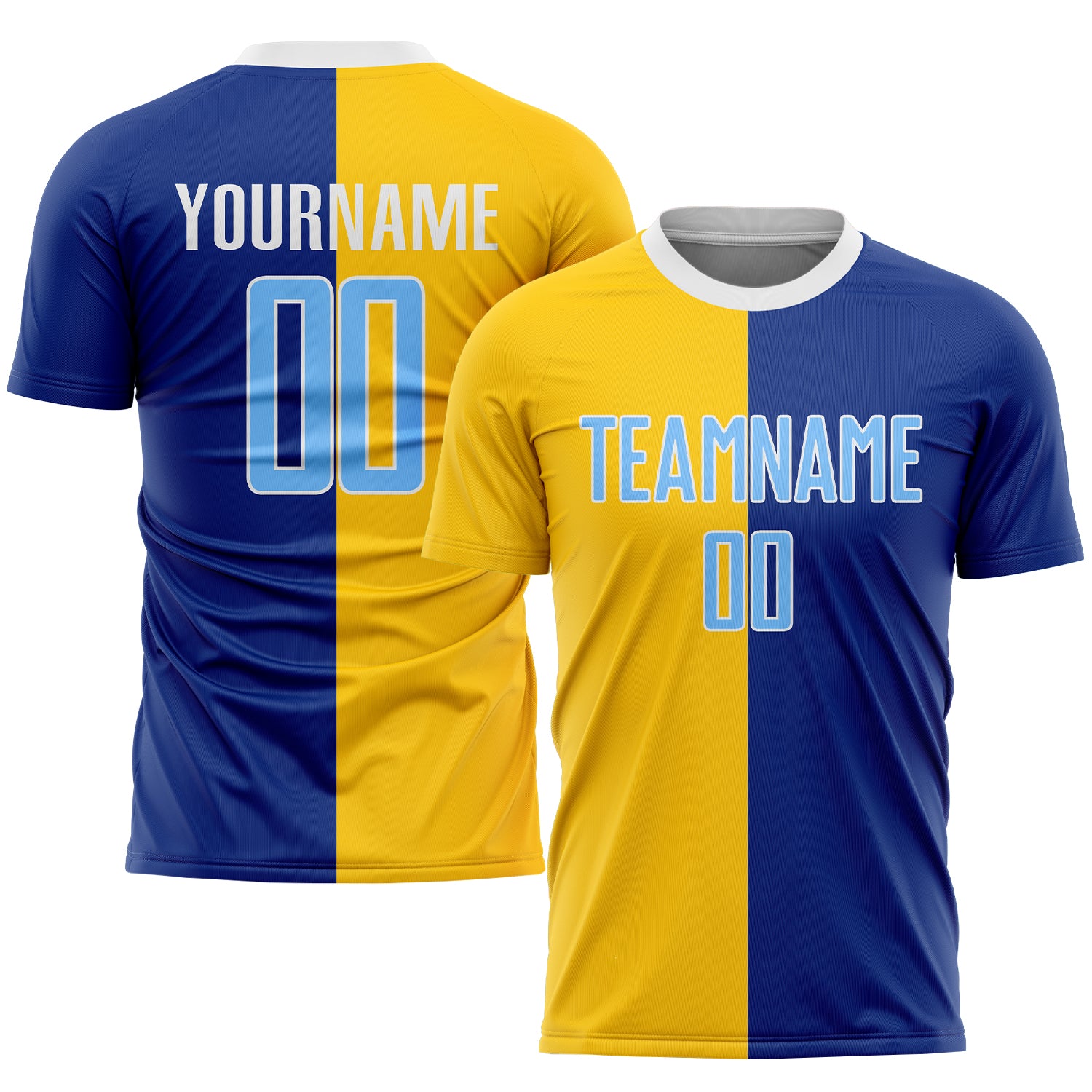 Light Blue Gold Sublimation Soccer Jersey Custom Fashion Uniform Custom Royal Light Blue-Gold Sublimation Split Fashion Soccer