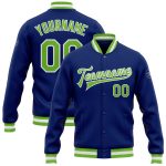 Neon Green Varsity Letterman Jacket Custom Full-Snap Bomber in White Custom Royal Neon Green-White Bomber Full-Snap Varsity