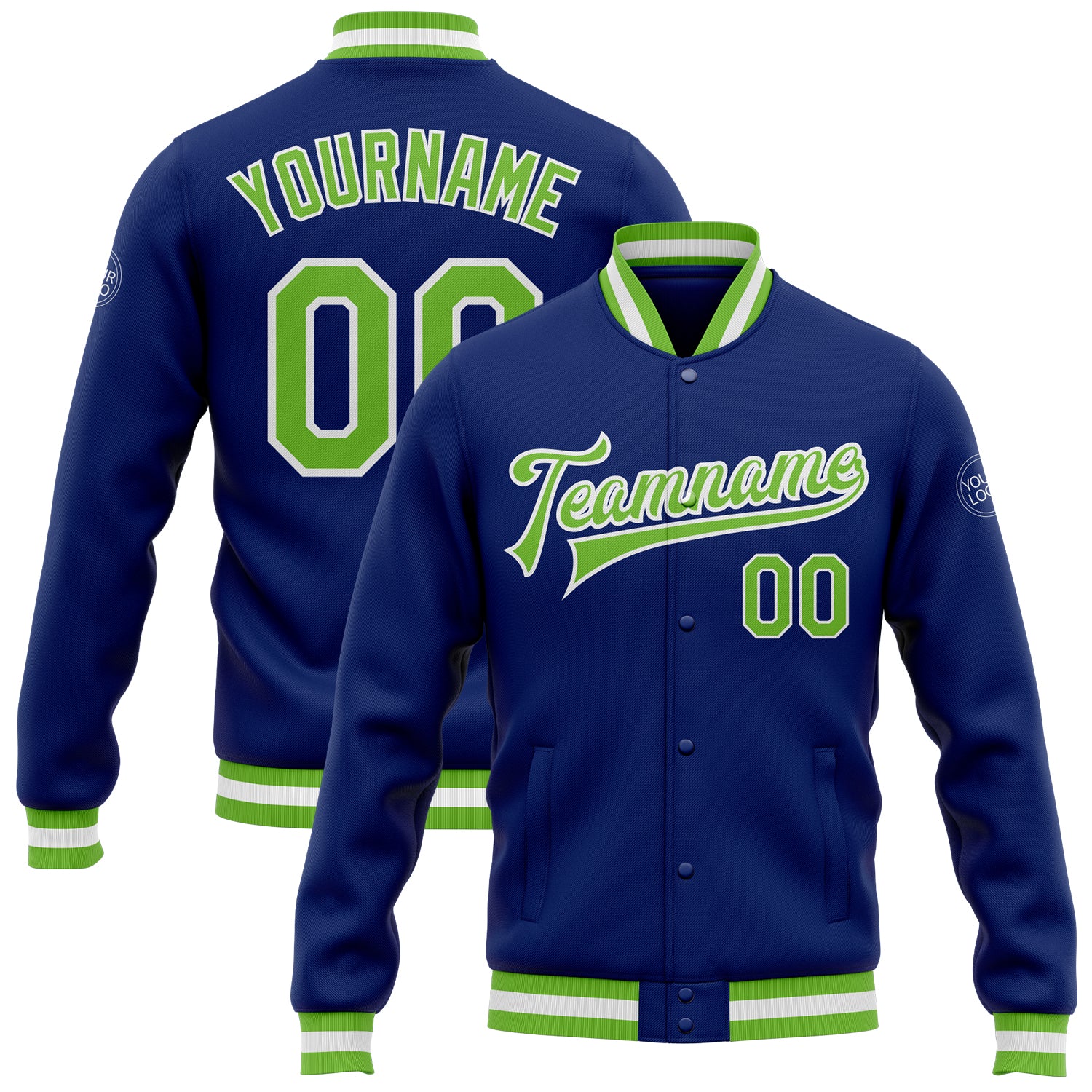 Neon Green Varsity Letterman Jacket Custom Full-Snap Bomber in White Custom Royal Neon Green-White Bomber Full-Snap Varsity
