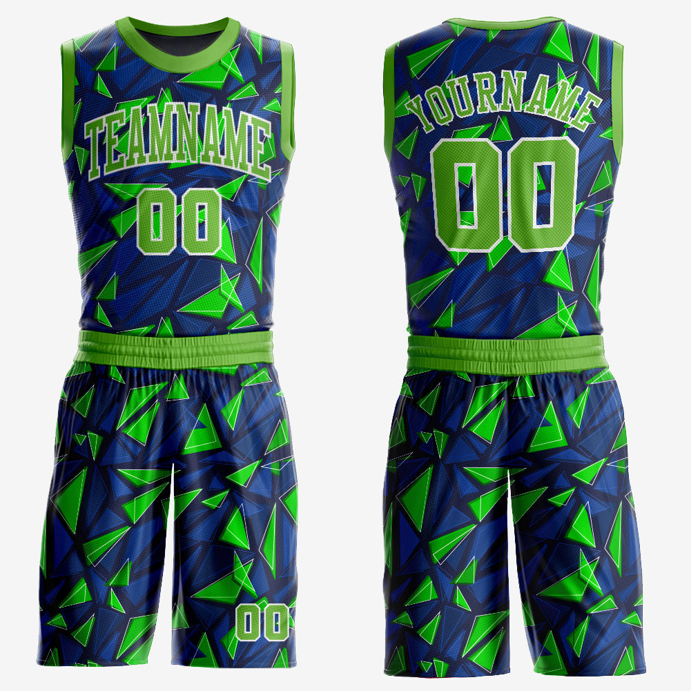 Custom Neon Green and White Basketball Jersey - Round Neck Sublimation Suit Custom Royal Neon Green-White Round Neck Sublimation