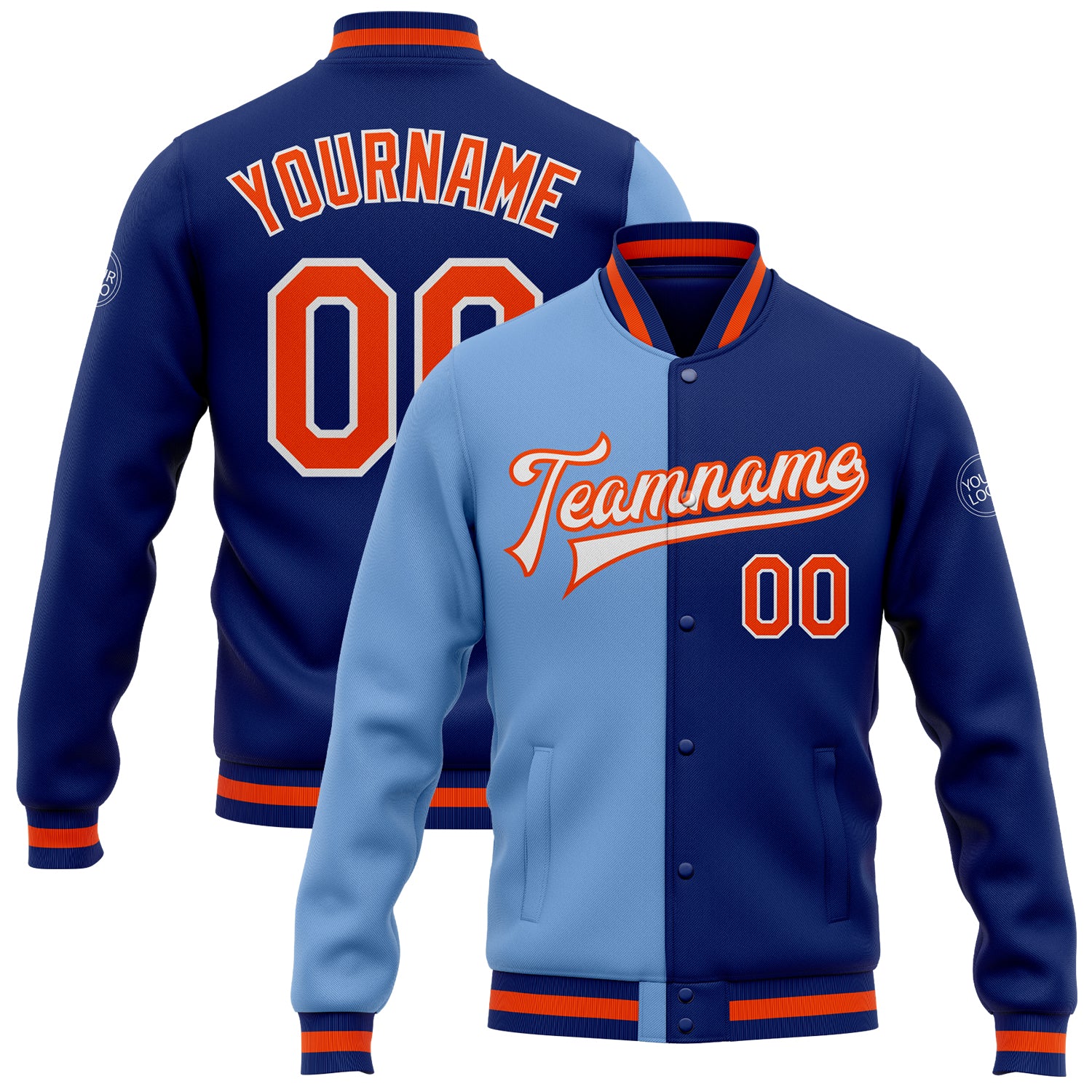 Custom Royal Orange-Light Blue Bomber Full-Snap Varsity Letterman Split Fashion Jacket Royal Orange-Light Blue Custom Bomber Jacket Full-Snap Varsity Letterman Fashion Jacket Custom Royal Orange-Light Blue Bomber