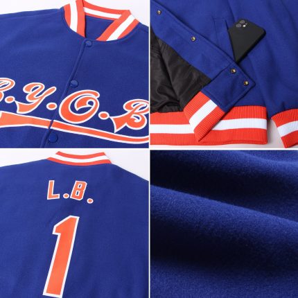 Custom Royal Orange White Bomber Varsity Jacket Full-Snap Letterman Style Custom Royal Orange-White Bomber Full-Snap Varsity