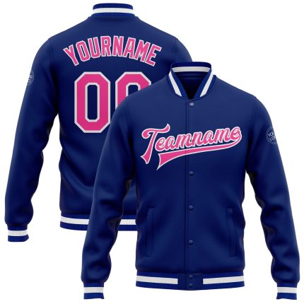 Royal Pink White Bomber Varsity Letterman Jacket Custom Full-Snap Design Custom Royal Pink-White Bomber Full-Snap Varsity