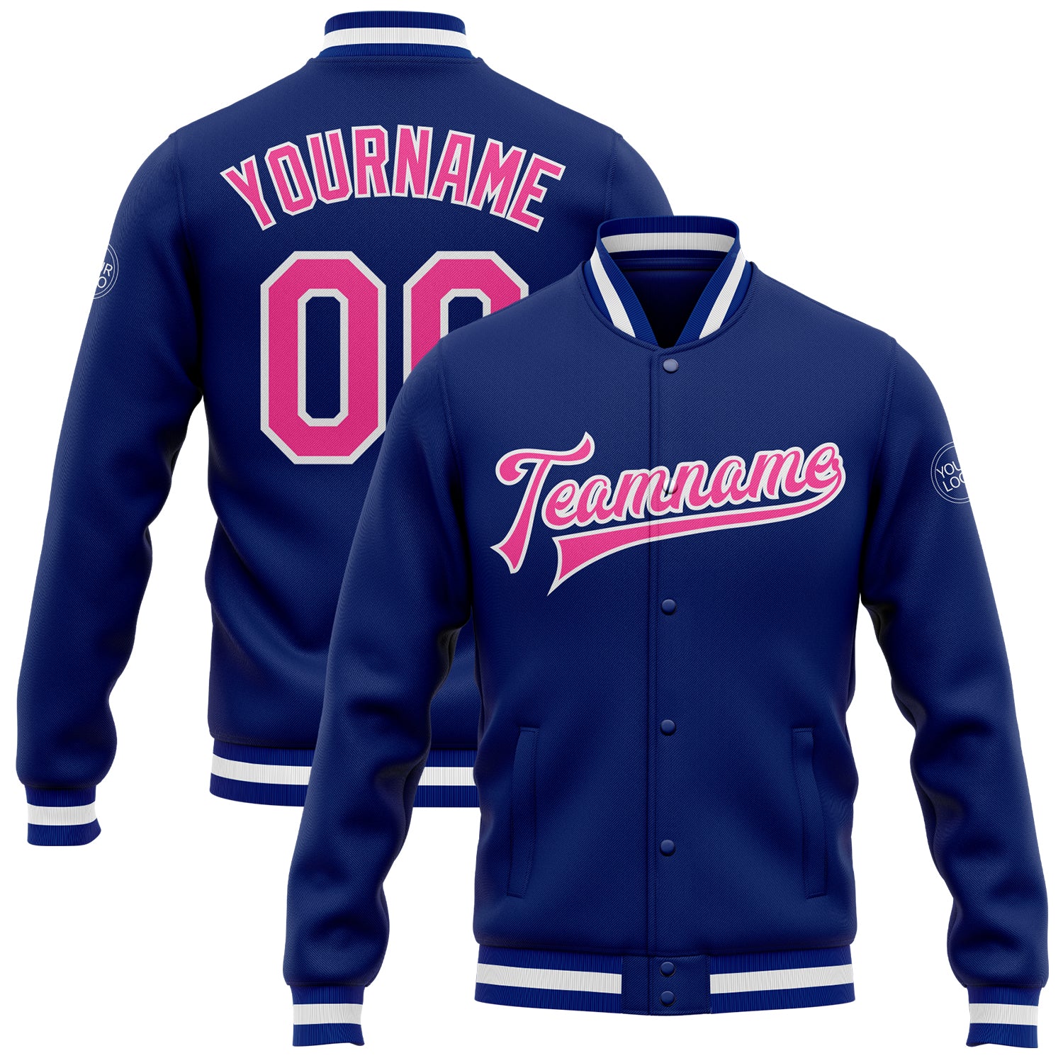 Royal Pink White Bomber Varsity Letterman Jacket Custom Full-Snap Design Custom Royal Pink-White Bomber Full-Snap Varsity