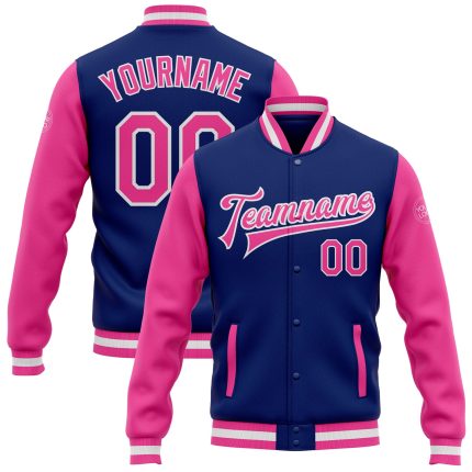 Royal Pink White Varsity Letterman Bomber Jacket Full-Snap Two Tone Custom Design Custom Royal Pink-White Bomber Full-Snap