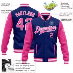 Royal Pink White Varsity Letterman Bomber Jacket Full-Snap Two Tone Custom Design Custom Royal Pink-White Bomber Full-Snap