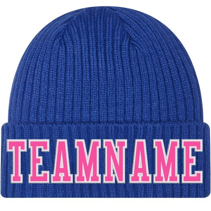Royal Pink White Cuffed Knit Hat - Custom Stitched Beanie for Women and Men Custom Royal Pink-White Stitched Cuffed Knit