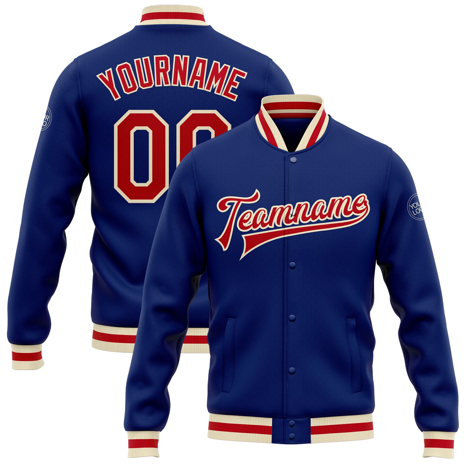 Custom Royal Red-Cream Varsity Letterman Jacket Full-Snap Bomber Style Custom Royal Red-Cream Bomber Full-Snap Varsity Letterman