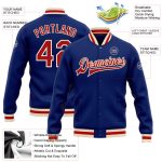 Custom Royal Red-Cream Varsity Letterman Jacket Full-Snap Bomber Style Custom Royal Red-Cream Bomber Full-Snap Varsity Letterman