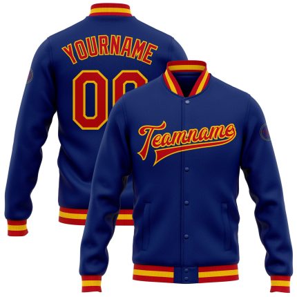 Royal Red Gold Custom Bomber Jacket Full-Snap Varsity Letterman Design Custom Royal Red-Gold Bomber Full-Snap Varsity Letterman