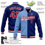 Custom Royal Red and Light Blue Varsity Bomber Jacket Full-Snap Letterman Custom Royal Red-Light Blue Bomber Full-Snap Varsity