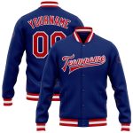 Custom Royal Red White Varsity Bomber Jacket Full-Snap Letterman Style Custom Royal Red-White Bomber Full-Snap Varsity Letterman
