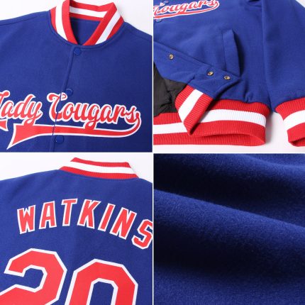 Custom Royal Red White Varsity Bomber Jacket Full-Snap Letterman Style Custom Royal Red-White Bomber Full-Snap Varsity Letterman