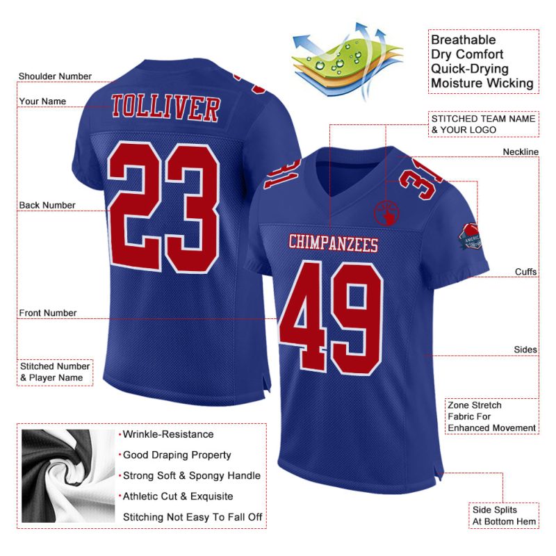 Custom Royal Red-White Mesh Football Jersey - Authentic Team Apparel Custom Royal Red-White Mesh Authentic Football Jersey