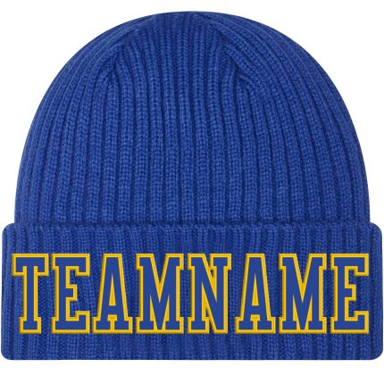Custom Royal Gold Stitched Knit Hat - Cuffed Winter Beanie for Men and Women Custom Royal Royal-Gold Stitched Cuffed Knit