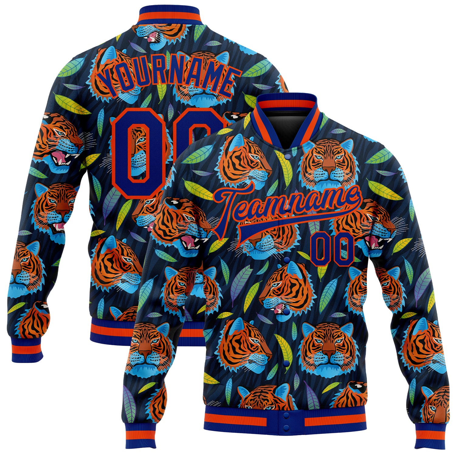 Custom Orange Red Tiger Head 3D Pattern Design Bomber Jacket in Colorful Jungle, Full-Snap Varsity Letterman Style Custom