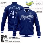 Custom Royal White Varsity Letterman Bomber Jacket Full-Snap Design Custom Royal Royal-White Bomber Full-Snap Varsity Letterman