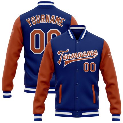 Royal Texas Orange-White Bomber Jacket Custom Full-Snap Varsity Letterman Two Tone Custom Royal Texas Orange-White Bomber