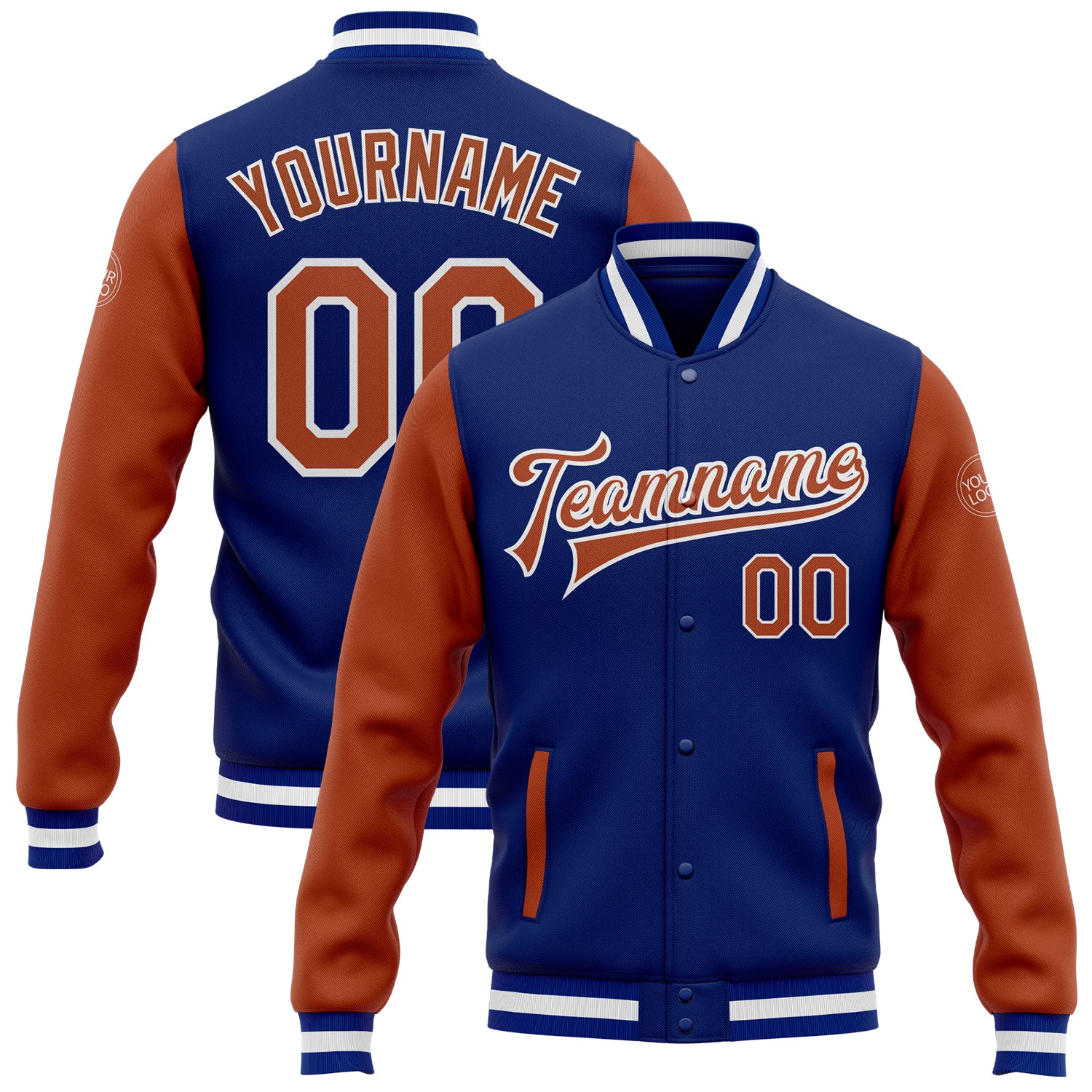 Custom Royal Texas Orange-White Bomber Full-Snap Varsity Letterman Two Tone Jacket Royal Texas Orange-White Bomber Jacket Custom Full-Snap Varsity Letterman Two Tone Custom Royal Texas Orange-White Bomber
