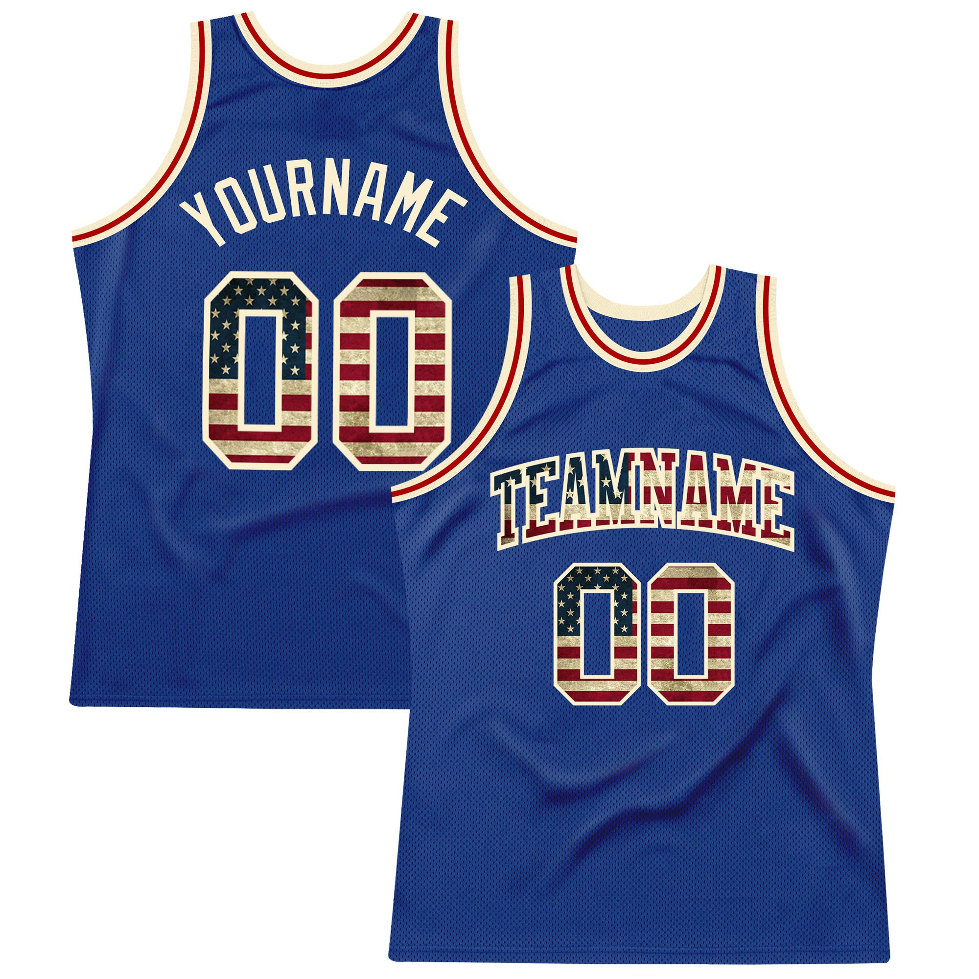 Custom USA Vintage Flag Basketball Jersey - Authentic Cream Throwback Style Custom Royal Vintage USA Flag-Cream Authentic