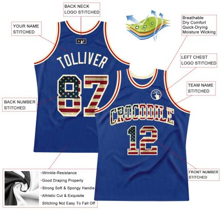 Custom USA Vintage Flag Basketball Jersey - Authentic Cream Throwback Style Custom Royal Vintage USA Flag-Cream Authentic