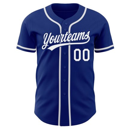 Custom royal and white baseball jersey, back view