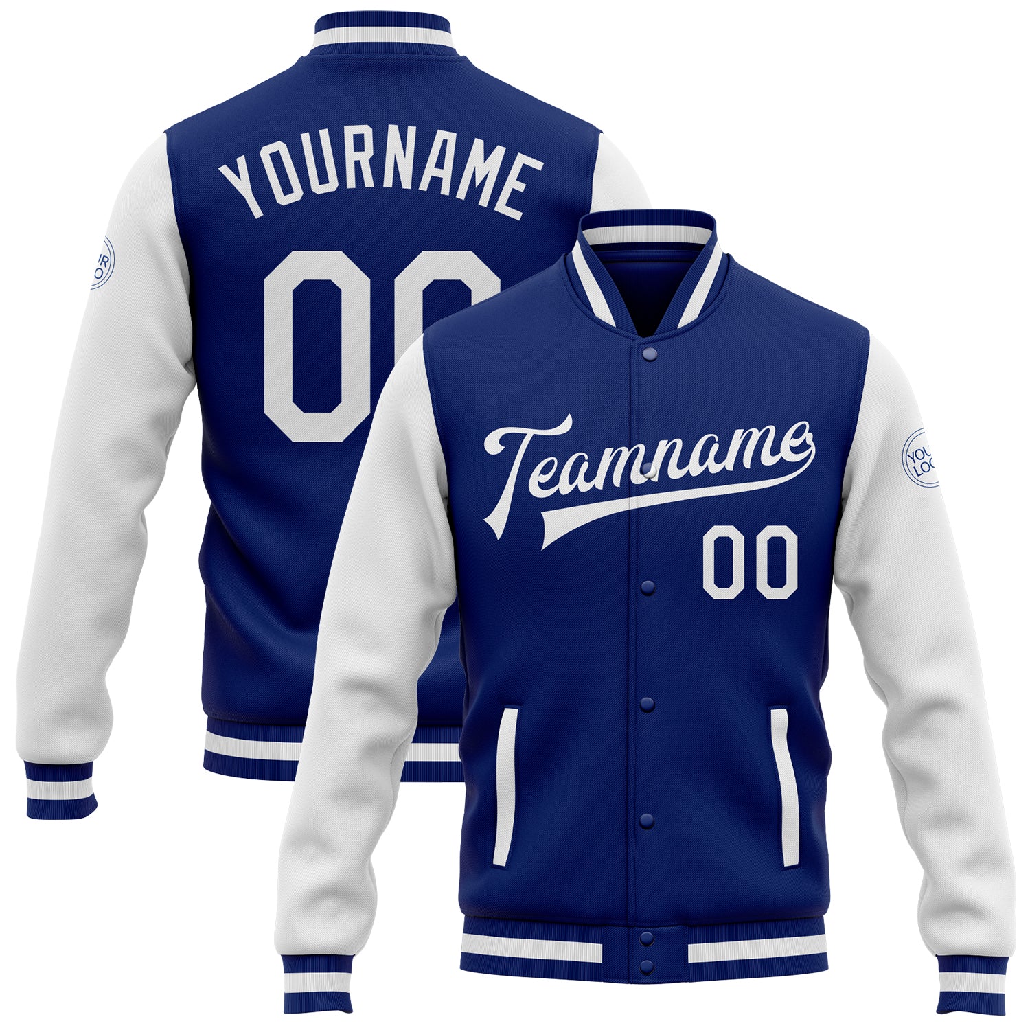 Custom Royal White Two Tone Varsity Letterman Bomber Jacket - Full-Snap Design Custom Royal White Bomber Full-Snap Varsity
