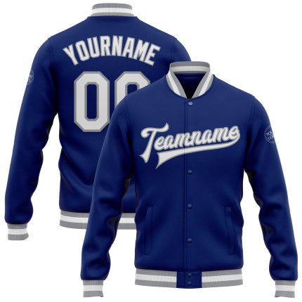 Custom Royal White-Gray Varsity Letterman Bomber Jacket Full-Snap Design Custom Royal White-Gray Bomber Full-Snap Varsity