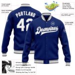 Custom Royal White-Gray Varsity Letterman Bomber Jacket Full-Snap Design Custom Royal White-Gray Bomber Full-Snap Varsity