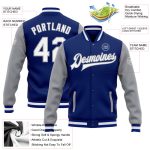 Custom Royal Gray Bomber Jacket for Men, Full-Snap Varsity Letterman Two-Tone White Gray Design Custom Royal White-Gray Bomber