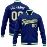 Custom Royal White Varsity Letterman Bomber Jacket Green and Gold Full-Snap Custom Royal White Kelly Green-Gold Bomber Full-Snap
