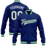 Custom Royal White Varsity Letterman Jacket Green Gray Full-Snap Bomber Custom Royal White Kelly Green-Gray Bomber Full-Snap