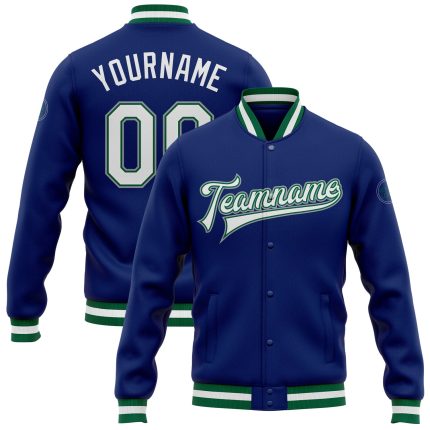Custom Royal White Varsity Letterman Jacket Green Gray Full-Snap Bomber Custom Royal White Kelly Green-Gray Bomber Full-Snap