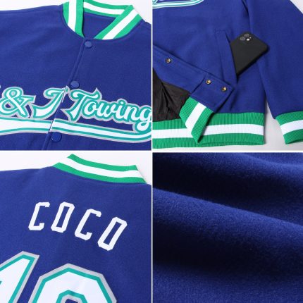 Custom Royal White Varsity Letterman Jacket Green Gray Full-Snap Bomber Custom Royal White Kelly Green-Gray Bomber Full-Snap