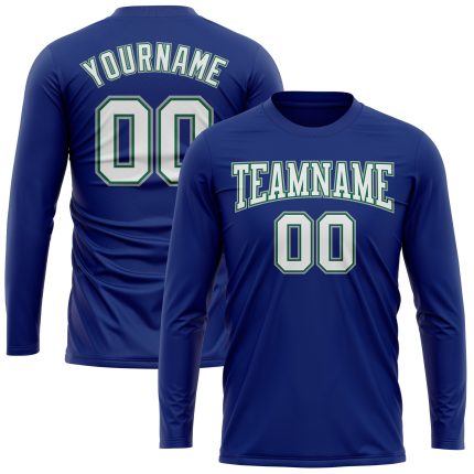Custom Performance T-Shirt in Royal White Kelly Green Gray - Long Sleeve Athletic Tee Custom Royal White Kelly Green-Gray