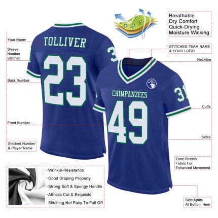 Custom Authentic Throwback Football Jersey in Royal White and Kelly Green Mesh Custom Royal White-Kelly Green Mesh Authentic
