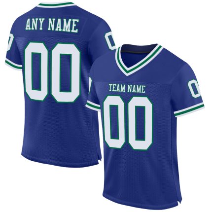 Custom Authentic Throwback Football Jersey in Royal White and Kelly Green Mesh Custom Royal White-Kelly Green Mesh Authentic