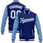 Royal White Light Blue Two Tone Varsity Letterman Bomber Jacket - Custom Full-Snap Design Custom Royal White-Light Blue Bomber