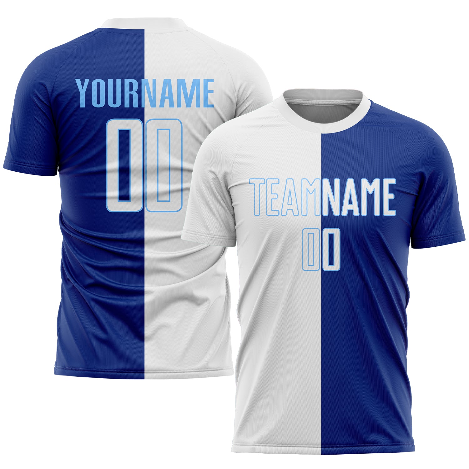 Custom Sublimation Soccer Jersey Royal White Light Blue Split Fashion Design Custom Royal White-Light Blue Sublimation Split
