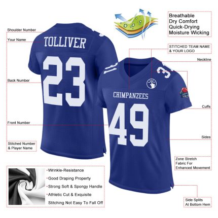 Custom Football Jersey - Authentic Royal White Mesh Design Custom Royal White Mesh Authentic Football Jersey