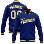 Custom Navy Gold Royal Bomber Jacket Full-Snap Varsity Letterman Coat Custom Royal White Navy-Gold Bomber Full-Snap Varsity