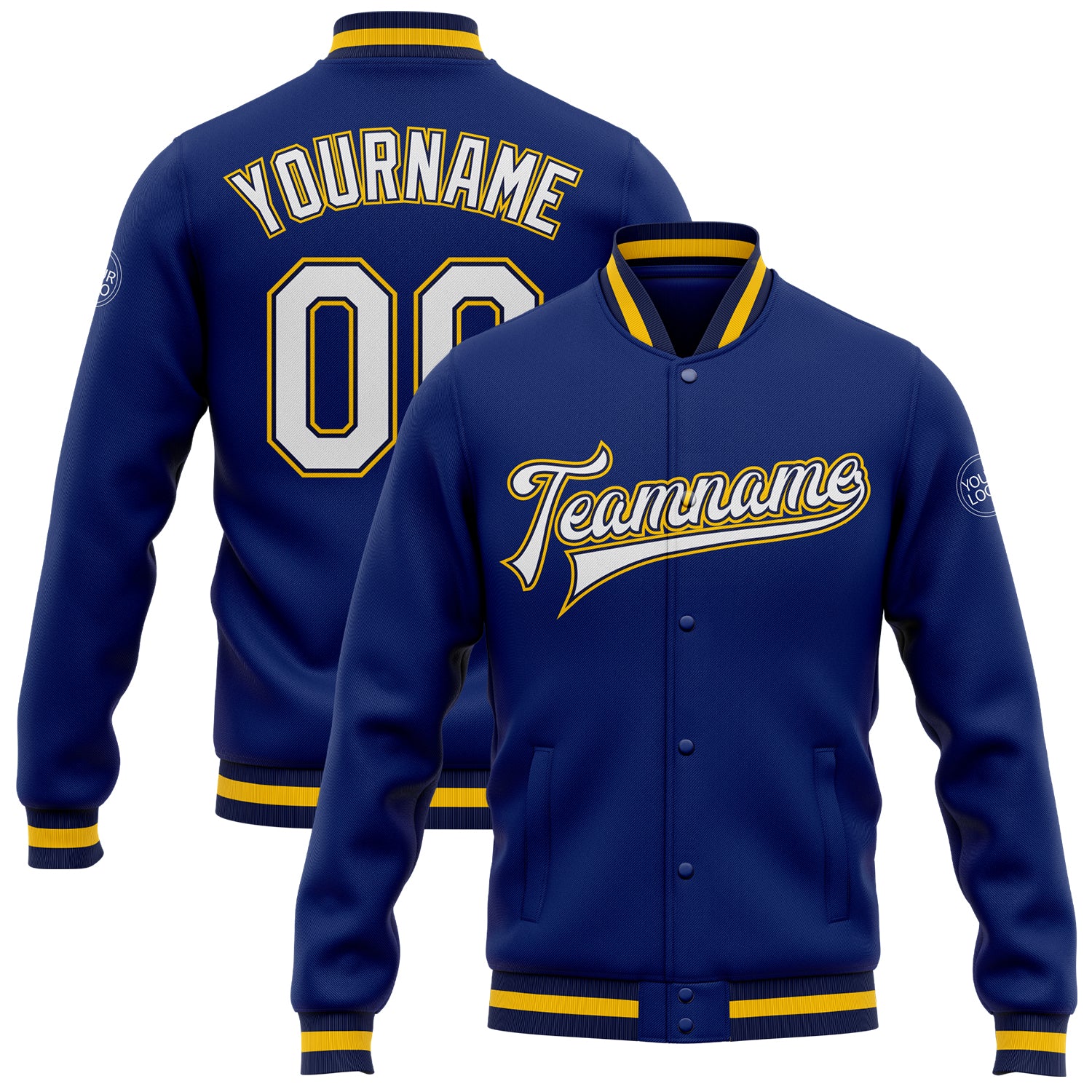 Custom Navy Gold Royal Bomber Jacket Full-Snap Varsity Letterman Coat Custom Royal White Navy-Gold Bomber Full-Snap Varsity