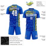 Custom Sublimation Soccer Jersey - Royal White Navy Gold Design Uniform Custom Royal White Navy-Gold Sublimation Soccer Uniform