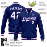 Custom Varsity Letterman Jacket - Royal White Purple Full-Snap Bomber Design Custom Royal White-Purple Bomber Full-Snap Varsity