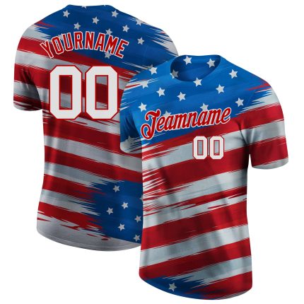 Custom 3D American Flag Performance T-Shirt in Royal White and Red Custom Royal White-Red 3D American Flag Performance T-Shirt