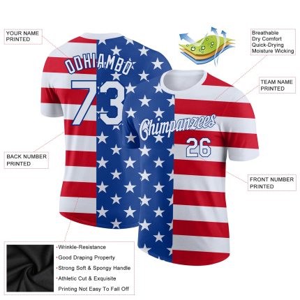 Custom 3D American Flag Performance T-Shirt in Royal White-Red, Style 8132 Custom Royal White-Red 3D American Flag Performance