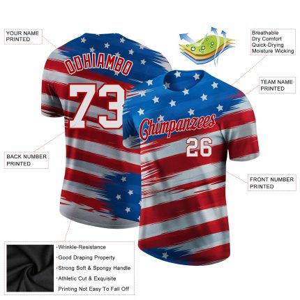 Custom 3D American Flag Performance T-Shirt in Royal White and Red Custom Royal White-Red 3D American Flag Performance T-Shirt
