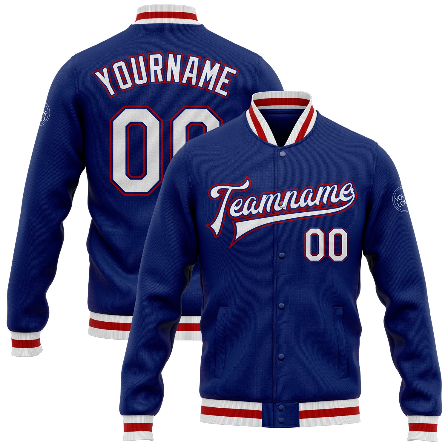 Custom Royal White Red Varsity Letterman Jacket Full-Snap Bomber for Men Custom Royal White-Red Bomber Full-Snap Varsity
